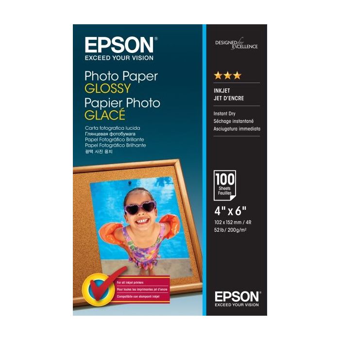 Epson Photo Glossy Pack de 100 Hojas de Papel Fotografico - 10x15cm - Gramaje de 200g/m2 - Acabado Brillante - Compatible con Im