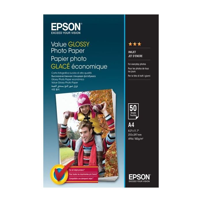 Epson Value Glossy Photo Pack de 50 Hojas de Papel Fotografico - A4 - Gramaje de 183g/m2 - Acabado Brillante - Compatible con Im