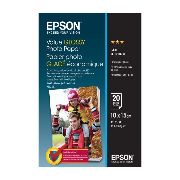 Epson Value Glossy Photo Pack de 20 Hojas de Papel Fotografico - 10x15cm - Gramaje de 183g/m2 - Acabado Brillante - Compatible c