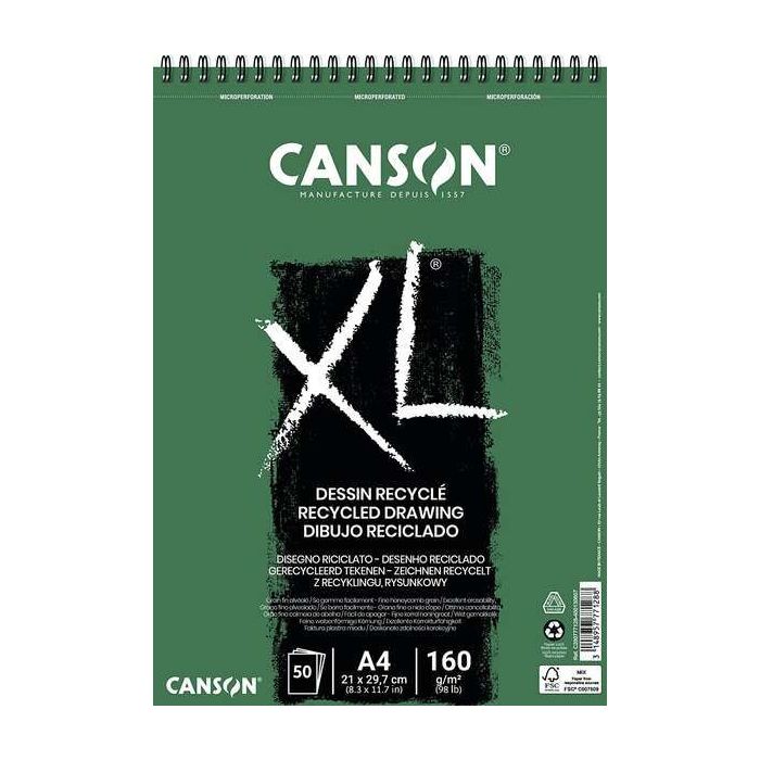 Canson XL Recycled Bloc de Dibujo con 50 Hojas A4 - Espiral Microperforado - Grano Fino - 160g - Color Blanco