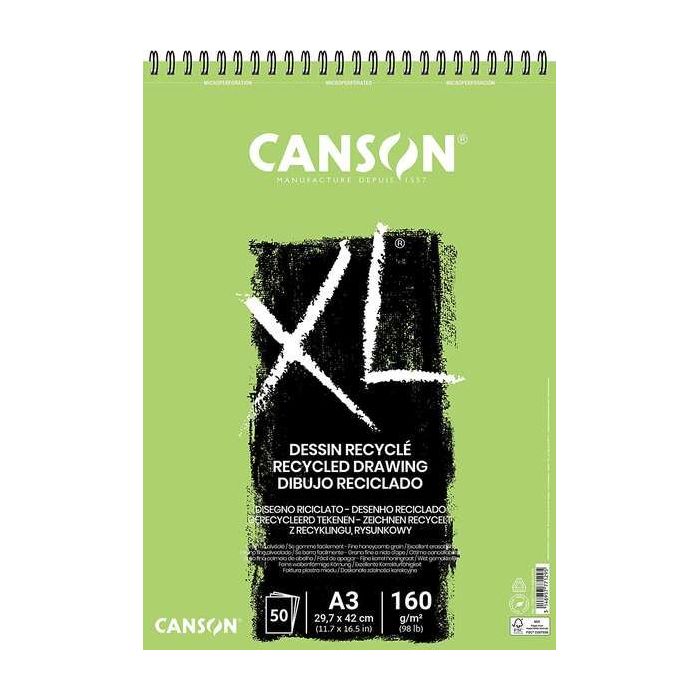 Canson XL Recycled Bloc de Dibujo con 50 Hojas A3 - Espiral Microperforado - Grano Fino - 160g - Color Blanco