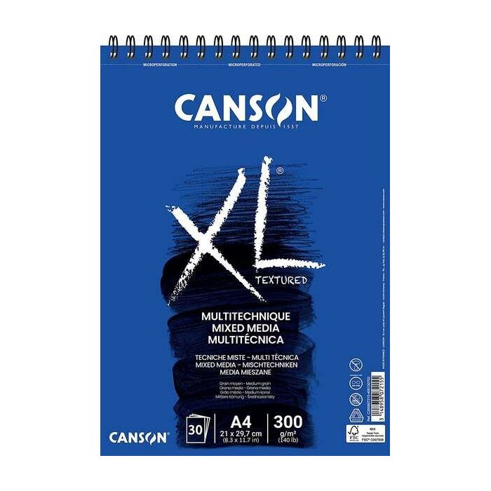 Canson Xl Mix Media Bloc de Dibujo Acuarela de 30 Hojas A4 - Grano Medio - Microperforado Espiral - 21x29.7cm - 300g - Color Bla