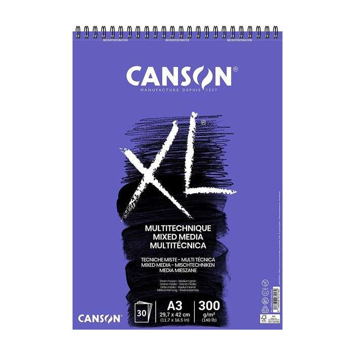 Canson Xl Mix Media Bloc de Dibujo Acuarela de 30 Hojas A3 - Grano Texturado - Microperforado Espiral - 21x29.7cm - 300g - Color