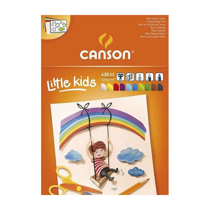 Canson Kids Cartulina Bloc Encolado de 30 Hojas A4 - 21x29.7 - 120g - Colores Surtidos