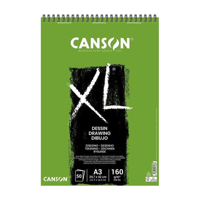 Canson XL Dessin Ligero Bloc de Dibujo con 50 Hojas A3 - Espiral Microperforado - 29.7x42cm - 160g - Color Blanco