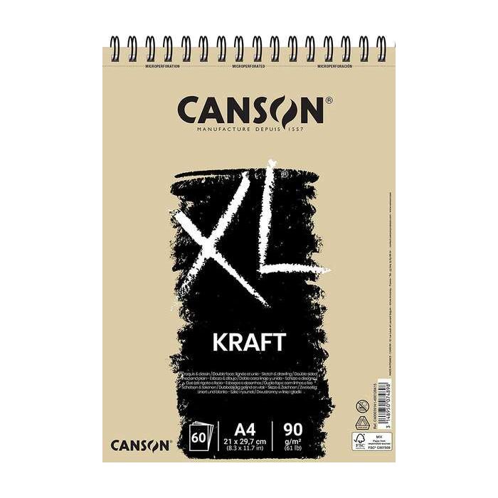 Canson XL Kraft Rayado Bloc de Dibujo con 60 Hojas A4 - Espiral Microperforado - 21x29.7cm - 90g - Color Beige