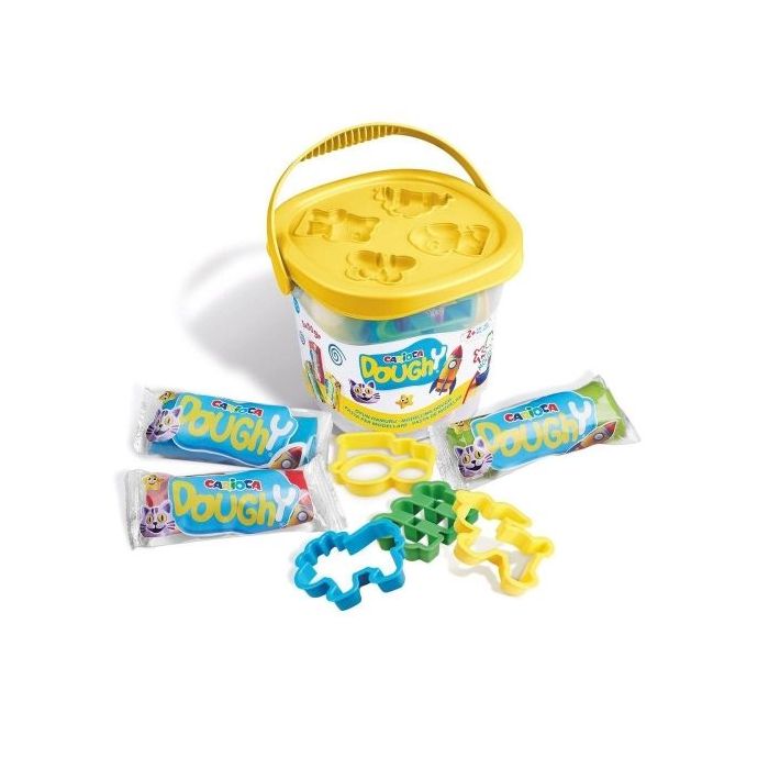 Carioca Doughy Cubo con 3 Paquetes de Pasta de Modelar 50gr + 4 Moldes - Blanda y Flexible - Facil de Amasar y Moldear - Ideal p
