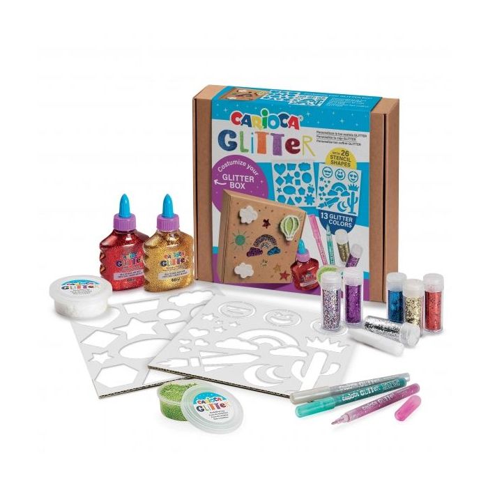 Carioca Glitter Creator Pack de 13 Productos Glitter y 26 Plantillas - 2 Botellitas de Glitter Glue - 2 Botes de Pasta de Modela