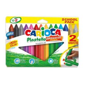 Carioca Plastello Maxi Pack de 12+2 Plasticeras Triangulares - Brillantes y Lavables - Colores Surtidos