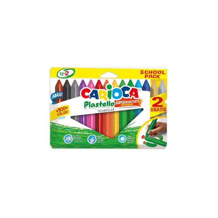 Carioca Plastello Maxi Pack de 12+2 Plasticeras Triangulares - Brillantes y Lavables - Colores Surtidos