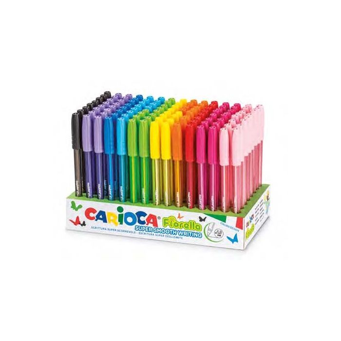 Carioca Fiorella Expositor con 120 Boligrafos de Colores Tinta Gel - Punta de Bola 1mm - Cuerpo Transparente de Colores - Colore