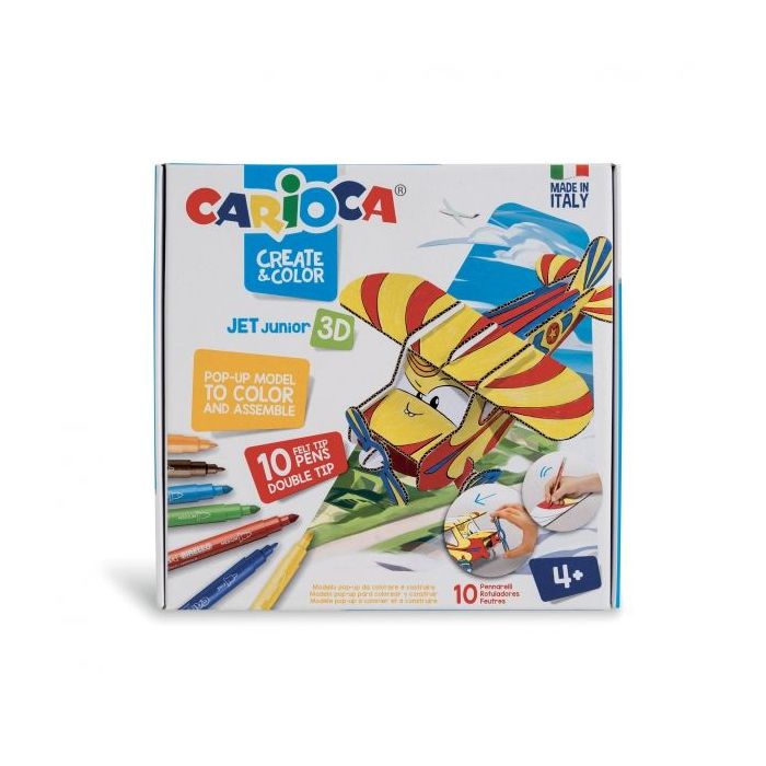 Carioca Pop-Up Jet Junior Modelos para Colorear y Construir + 10 Rotuladores Doble Punta Colores Surtidos - Aventura con Nuevos