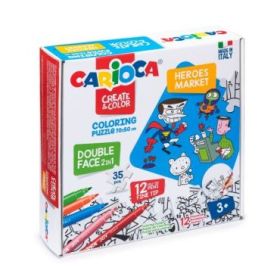Carioca Coloring Puzzle Super Heroes - Market Puzzle de 35 Piezas a Doble Cara para Colorear + 12 Rotuladores - Carton Duro y En