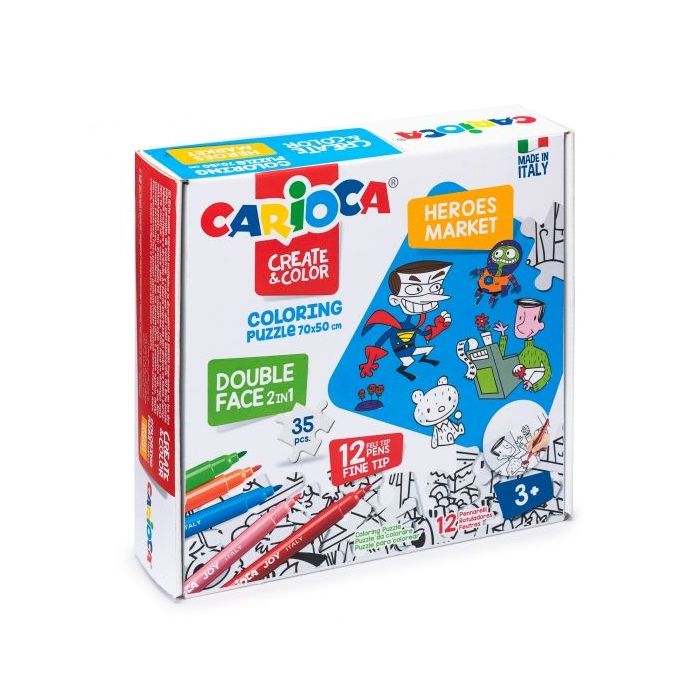 Carioca Coloring Puzzle Super Heroes - Market Puzzle de 35 Piezas a Doble Cara para Colorear + 12 Rotuladores - Carton Duro y En