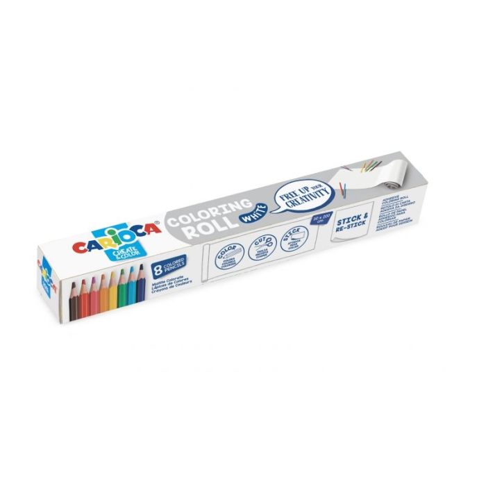 Carioca Coloring Roll White Rollo de Papel Adhesivo para Colorear + 8 Lapices de Colores Surtidos - Aplicable en Superficies Ver