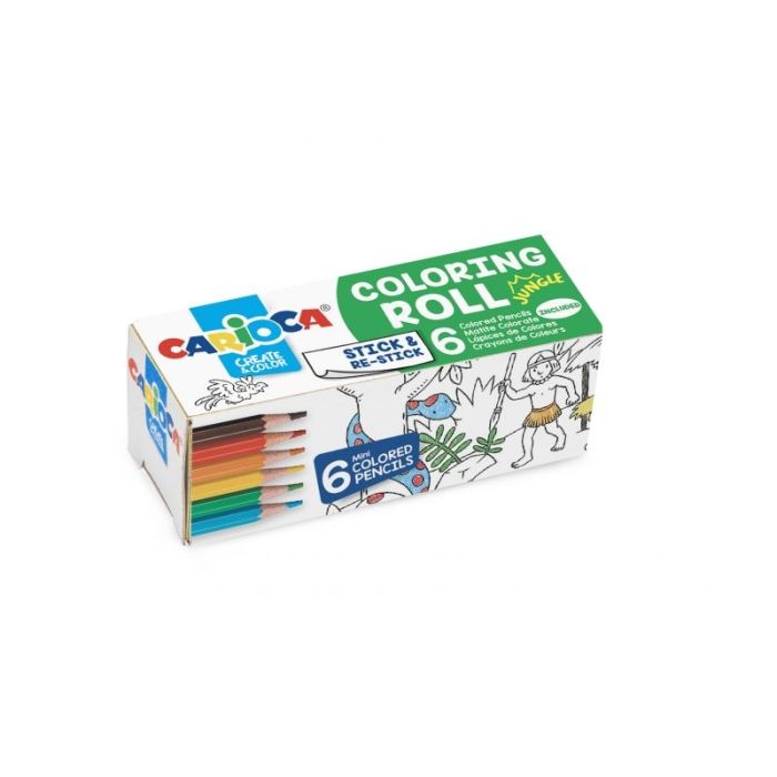 Carioca Mini Coloring Roll Jungle de Papel Adhesivo para Colorear + 6 Lapices de Colores -  Aplicable en Superficies Verticales