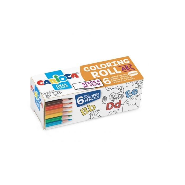 Carioca Mini Coloring Roll Abc de Papel Adhesivo para Colorear + 6 Lapices de Colores - Aplicable en Superficies Verticales u Ho