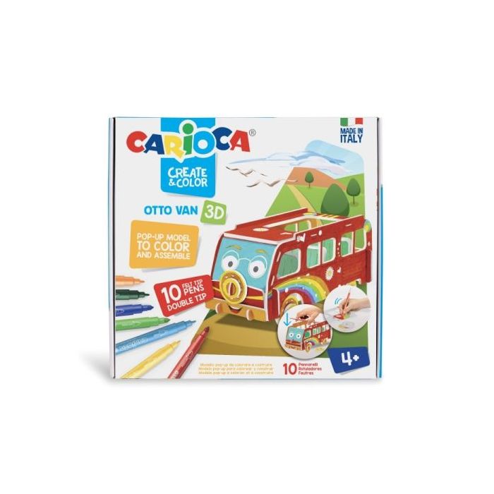 Carioca Pop-Up Otto Van Modelos para Colorear y Construir + 10 Rotuladores Doble Punta Colores Surtidos - Aventura con Nuevos Co