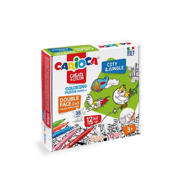 Carioca Create - Color Coloring Puzzle City - Jungle Puzzle de 35 Piezas a Doble Cara para Colorear + 12 Rotuladores - Dureza de