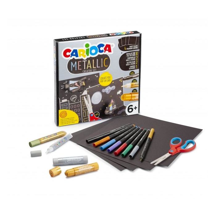 Carioca Metallic Pop Up Creator Juego para Realizar Super Cartulinas 3D - 8 Rotuladores Metalicos Punta Fina - 2 Temperello Oro