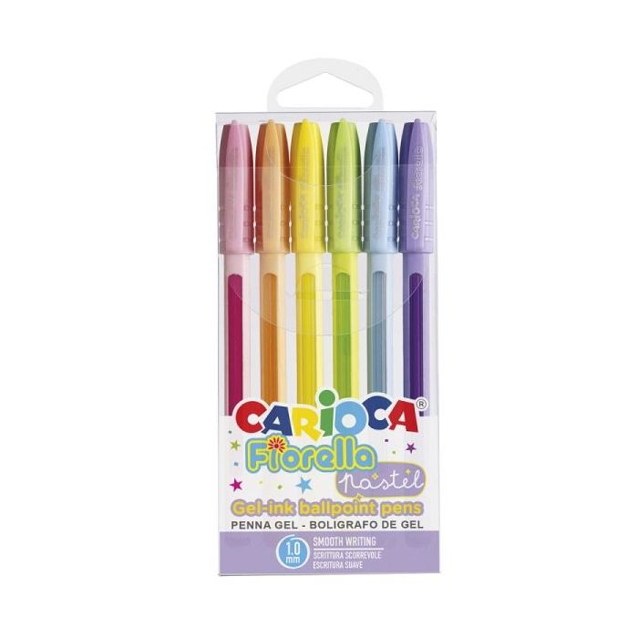 Carioca Fiorella Pack de 6 Boligrafos de Colores Tinta Gel - Punta de Bola 1mm - Cuerpo Transparente Pastel - Colores Pastel Sur