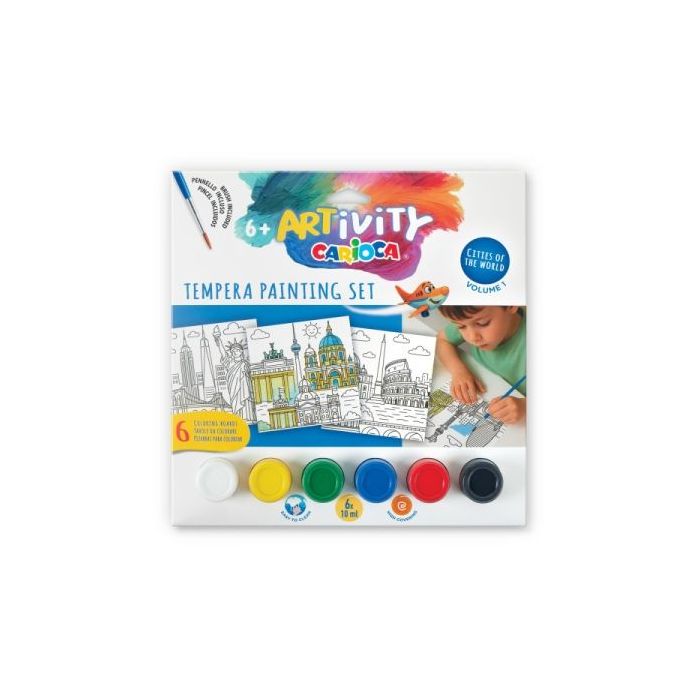 Carioca Artivity Cities of the World Vol. 1 Pack con 6 Laminas para Pintar + 6 Botes de Tempera + Pincel