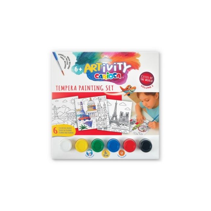 Carioca Artivity Cities of the World Vol. 2 Pack con 6 Laminas para Pintar + 6 Botes de Tempera + Pincel