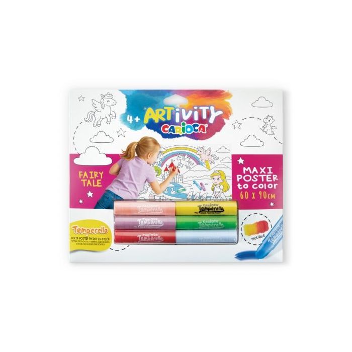 Carioca Artivity Fairy Tale Poster Maxi para Colorear - Tamaño 90x60cm - Incluye 6 Temperas Solidas Temperello