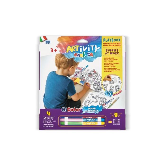 Carioca Artivity Rotuladores Libro con 40 Pegatinas para Colorear + 4 Rotuladores Bicolor - 8 Escenarios para Colorear