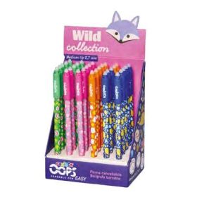 Carioca Wild Collection Oops Expositor con 30 Boligrafos Borrables - Punta 0.7mm - Divertidos Diseños de Animales