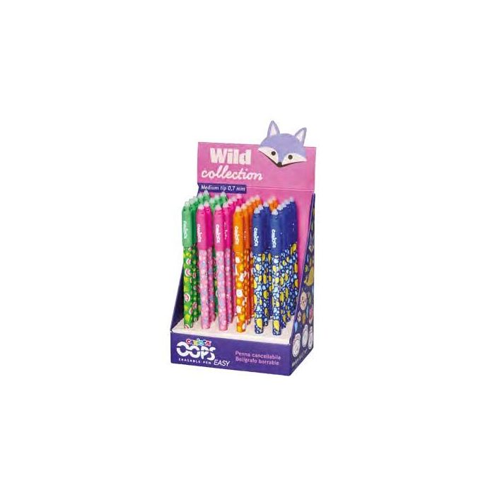 Carioca Wild Collection Oops Expositor con 30 Boligrafos Borrables - Punta 0.7mm - Divertidos Diseños de Animales