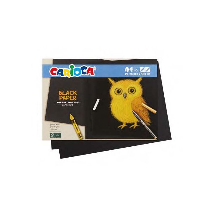 Carioca Black Pack con 20 Hojas A4 de Color Negro - Papel de 150gr - Recomendado para Tizas, Ceras, Rotuladores Brillantes etc..