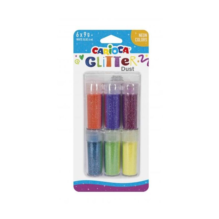 Carioca Glitter Dust Pack de 6 Colores - Cola Incluida - Ideal para Superficies Oscuras - Perfecta para Decoraciones y Trabajos