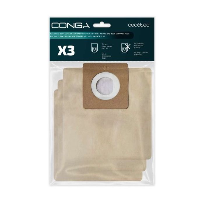 Cecotec Pack de 3 Bolsas de Recambio para Conga Powerbag 2500 - Alta Capacidad de Filtracion - Faciles de Instalar - Material Re