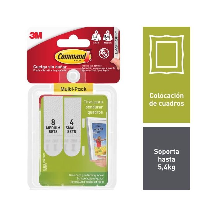 Command Pack de 24 Tiras Adhesivas para Colgar Cuadros - 8 Paresm + 4 Pares S - Soporta hasta 5.4kg - Color Blanco