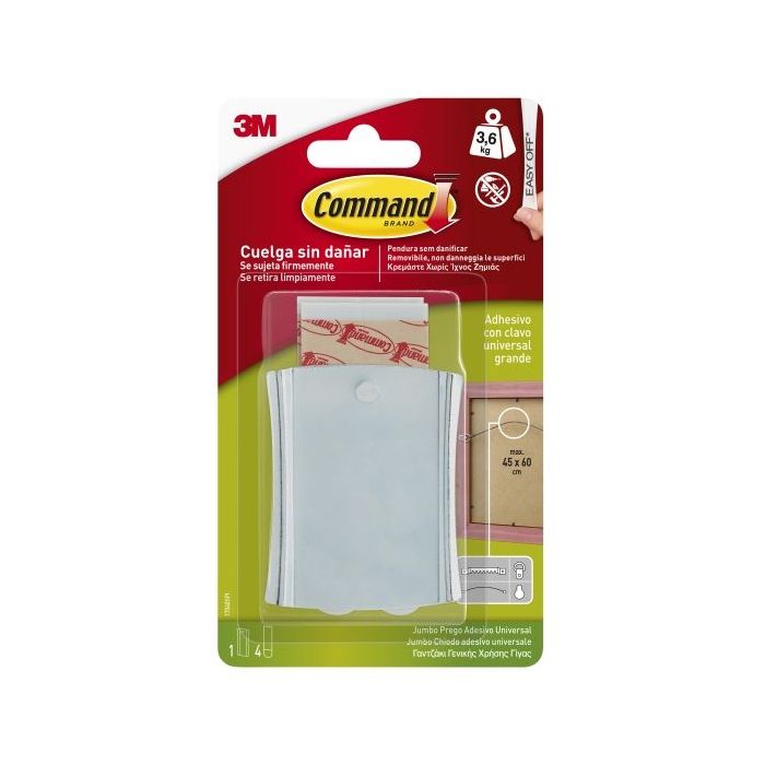 Command Universal Soporte Adhesivo con Clavo para Colgar - 4 Tiras Adhesivas - Extragrande - Soporta hasta 3.6kg - Color Gris Me