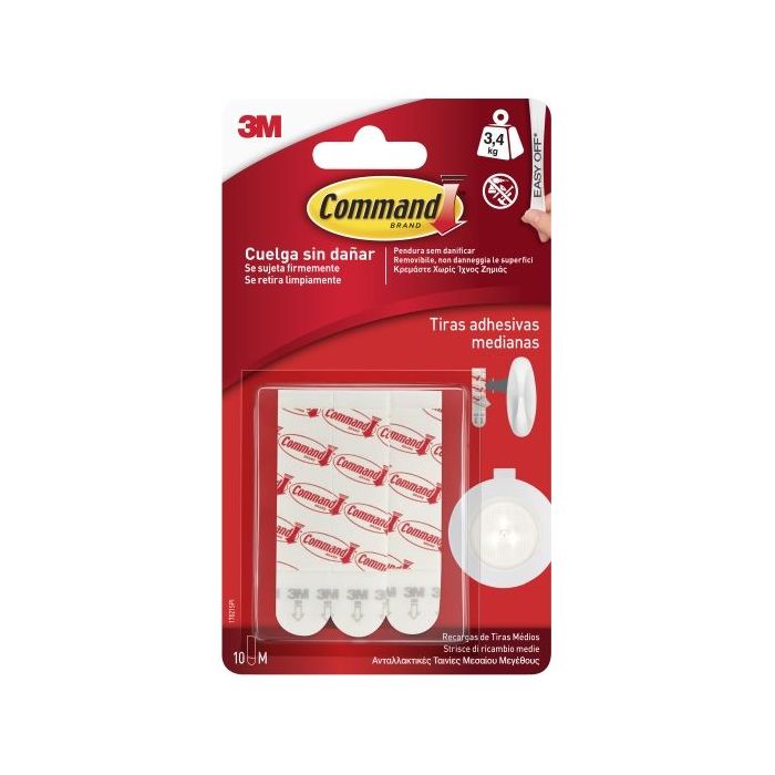 Command Pack de 10 Tiras Adhesivas de Repuesto - Formato M - Soporta hasta 3.4kg - Color Blanco