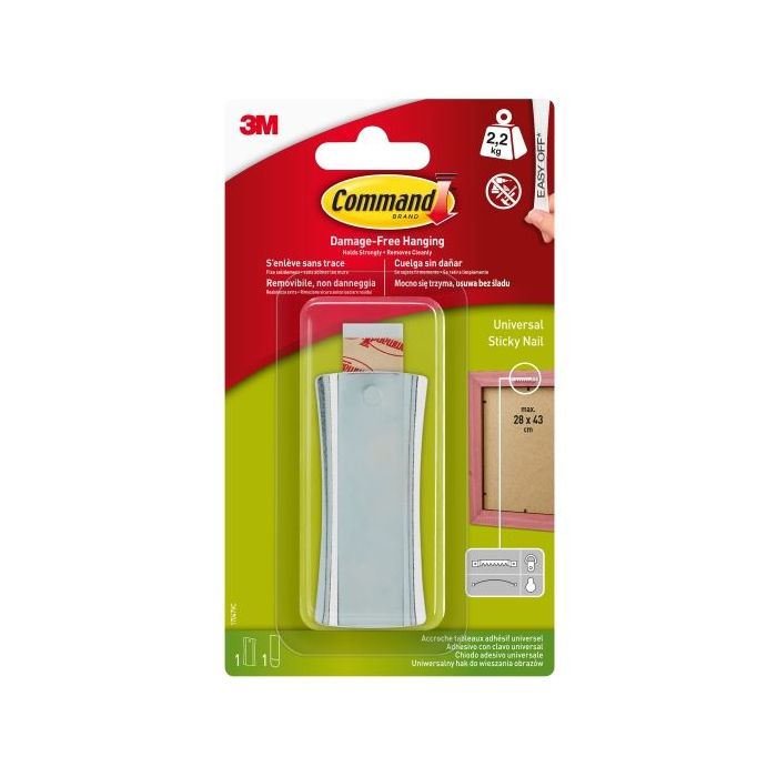 Command Universal Soporte Adhesivo con Clavo para Colgar - 1 Tira Adhesiva - Soporta hasta 2.2kg - Color Gris Metalizado