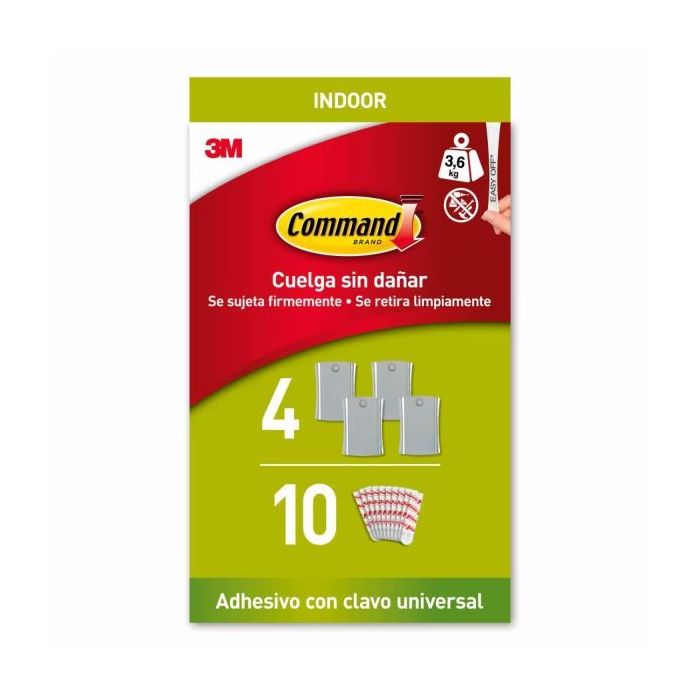 Command Universal Soporte Adhesivo con Clavo para Colgar - 4 Ganchos - 10 Tiras - Grande - Soporta hasta 3.6kg - Color Gris