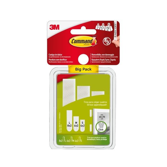 Command Pack de 36 Tiras Adhesivas para Colgar Cuadros - 8 Pares L + 6 Paresm + 4 Pares S - Soporta hasta 7.2kg - Color Blanco