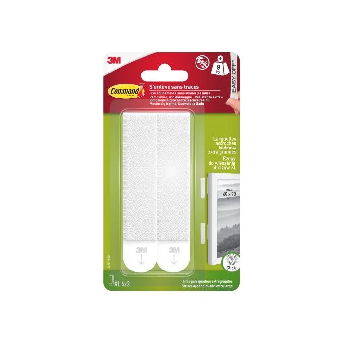 Command Pack de 8 Tiras Adhesivas para Objetos Pesados - 4 Pares XL - Soporta hasta 9kg - Color Blanco