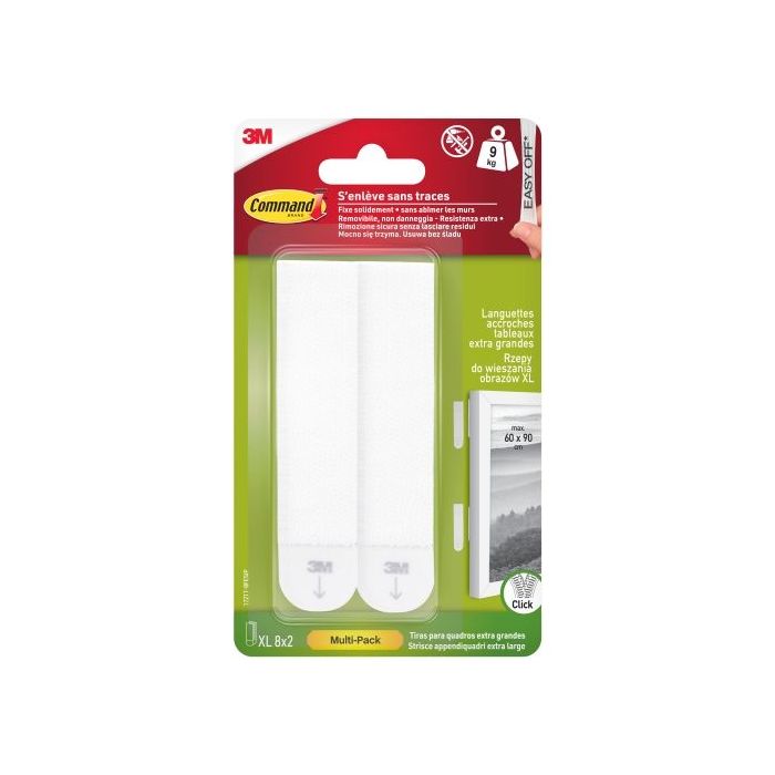 Command Pack de 16 Tiras Adhesivas para Objetos Pesados - 8 Pares XL - Soporta hasta 9kg - Color Blanco