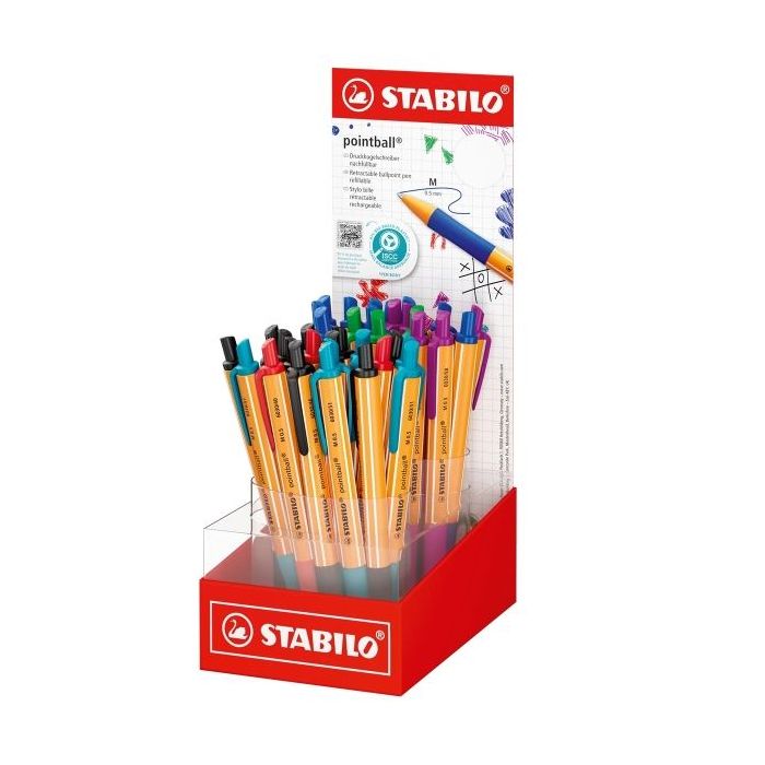 Stabilo Pointball Expositor con 38 Boligrafos Retractiles - Punta de 1mm - Tinta con Base de Aceite - Recargable - 87% Plastico