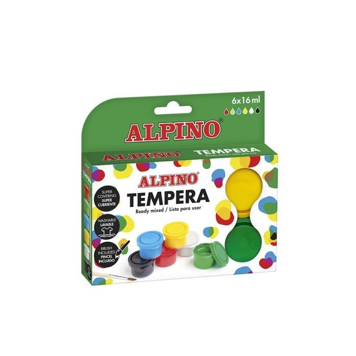 Alpino Pack con 6 Botes de Tempera 16ml + Pincel - Supercubriente y Lavable - Colores Surtidos