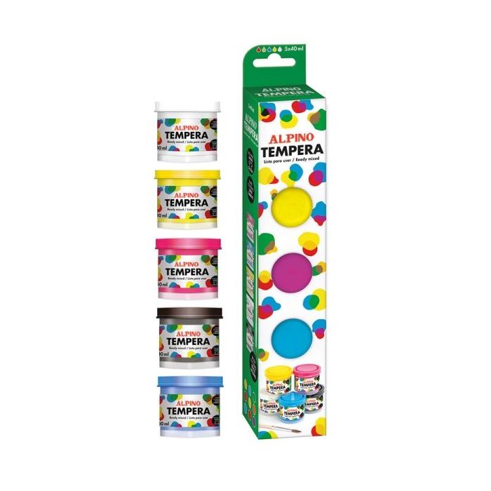 Alpino Pack con 5 Botes de Tempera 40ml + Pincel - Supercubriente y Lavable - Colores Surtidos