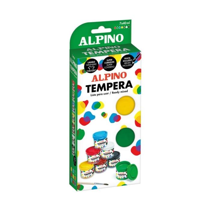 Alpino Pack con 7 Botes de Tempera 40ml + Pincel - Supercubriente y Lavable - Colores Surtidos