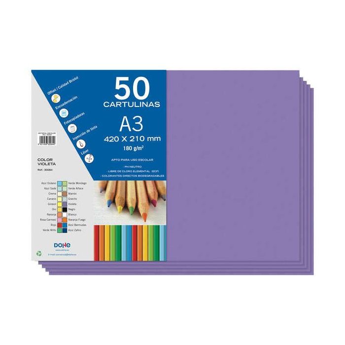 Dohe Pack de 50 Cartulinas A3 de 180gr - Con PH Neutro - Libres de Cloro Elemental - Color Violeta