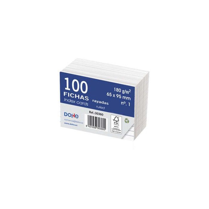 Dohe Fichas de Cartulina Offset Blanca de 180g - 100x200mm - Rayadas - Paquete de 100 Fichas