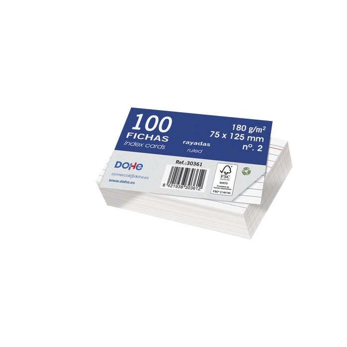 Dohe Fichas de Cartulina Offset Blanca de 180g - 100x150mm - Rayadas - Paquete de 100 Fichas