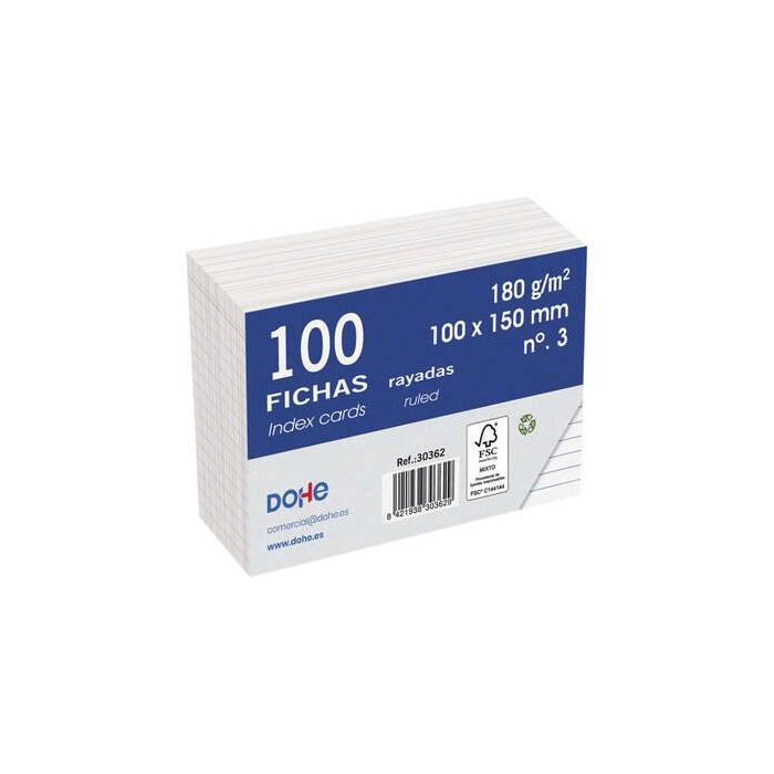 Dohe Fichas de Cartulina Offset Blanca - 180g - Rayadas - Paquete de 100 Unidades